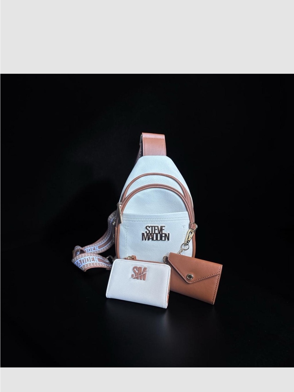 Steve Madden White and Tan Crossbody Sling with Matching Pouch & Card Holder
